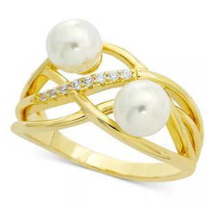 Charter Club Gold-Tone Pave & Imitation Pearl Openwork Ring